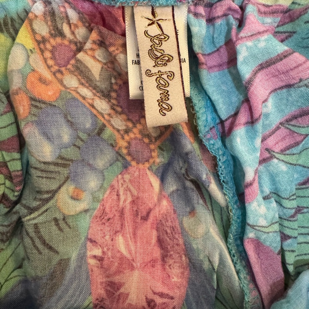 Luli Fama Turquoise Tropical Print Wide Leg Pants with Pink & Green Accents - Picture 6 of 7